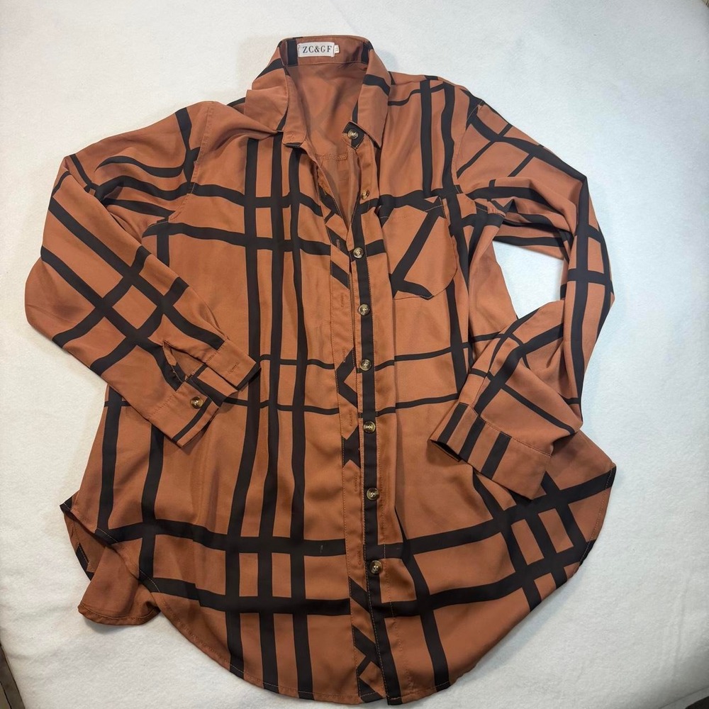 ZC&GF Brown Black Plaid Button Down Blouse Size XL Oversized Fall Top